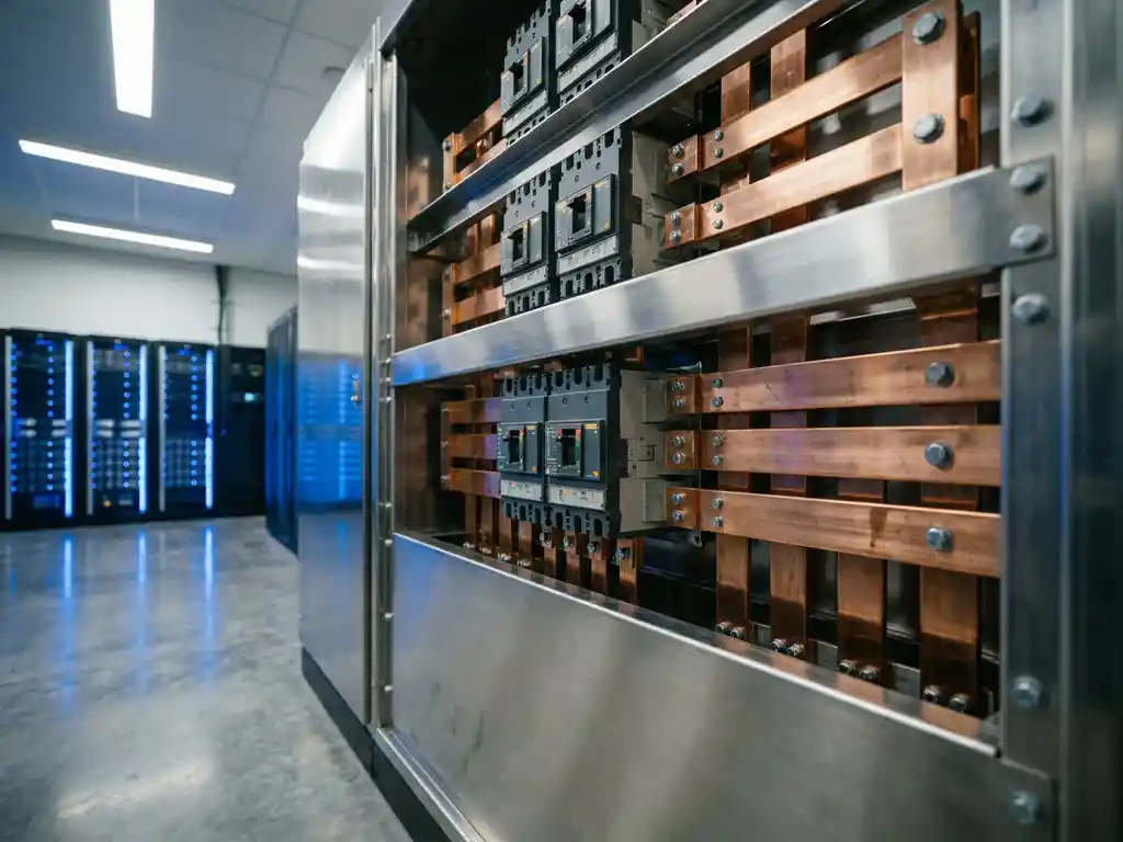 Hochspannungs-Verteileranlage mit Kupferschienen und Leistungsschaltern in einem modernen Rechenzentrum, blaue Serverrack-Beleuchtung im Hintergrund.