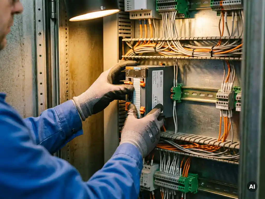 Techniker installiert CPU-Modul in geöffnetem Schaltschrank mit Klemmenblöcken und DIN-Schienen in Werkstattbeleuchtung.