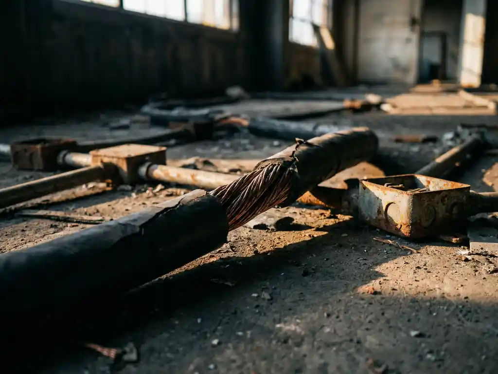 Dickes Industriestromkabel mit freiliegenden Kupferlitzen auf Betonboden, umgeben von Metallrohren und Verteilerkästen