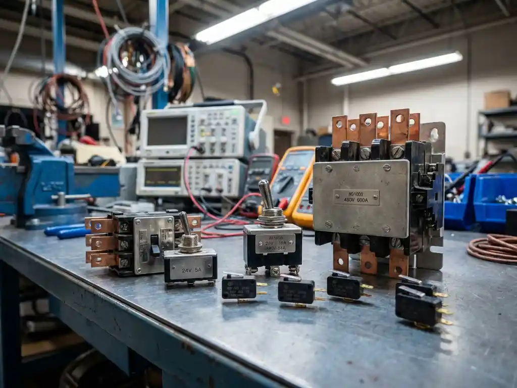 Industrielle Elektroschalter verschiedener Größen auf Metallwerkbank, von Hochspannungsschützen bis Mikroschaltern mit Amperezahlen