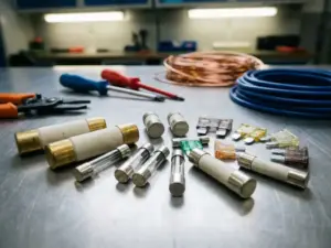 Verschiedene Industriesicherungen aus Keramik und Glas auf metallischer Werkbank mit Präzisionswerkzeugen und Kupferdraht
