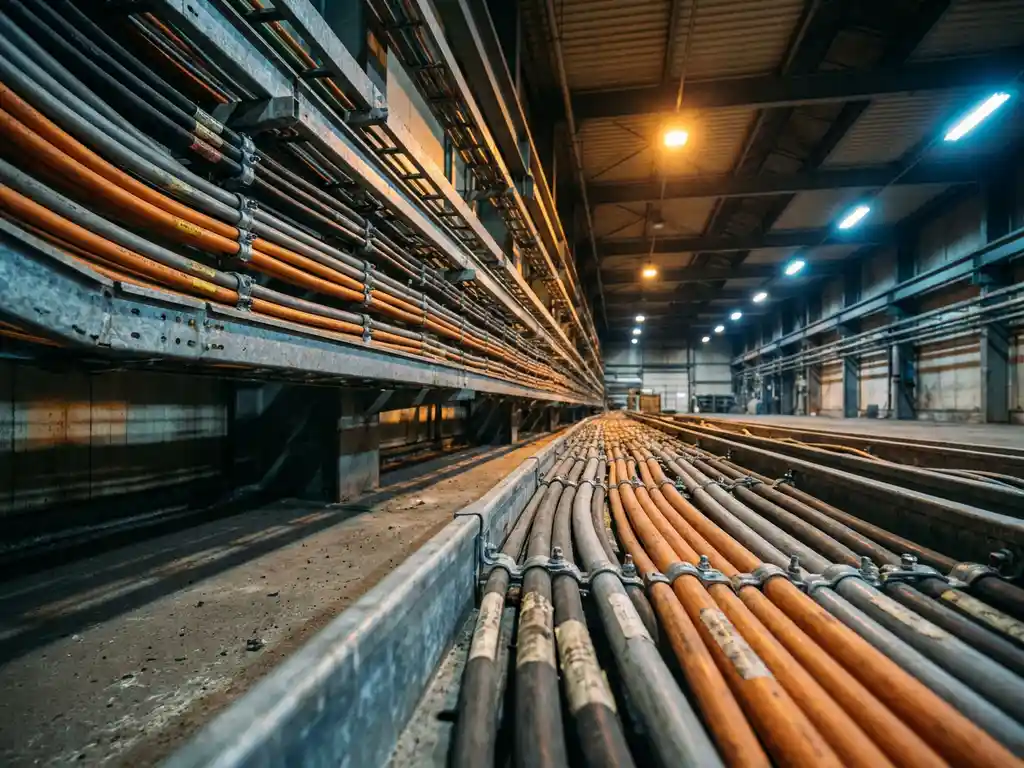Farbcodierte Industriekabel in orangefarbenen, grauen und schwarzen Bündeln in Stahlkabelträgern an einer Fabrikhalle-Decke, Untersicht.