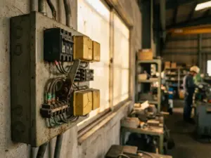 Verwitterte industrielle Schalttafel mit Kupferkorrosion, vergilbten Kunststoffgehäusen und Staubablagerungen auf Leistungsschaltern