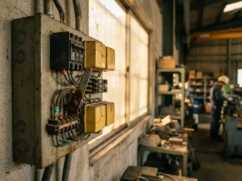 Verwitterte industrielle Schalttafel mit Kupferkorrosion, vergilbten Kunststoffgehäusen und Staubablagerungen auf Leistungsschaltern