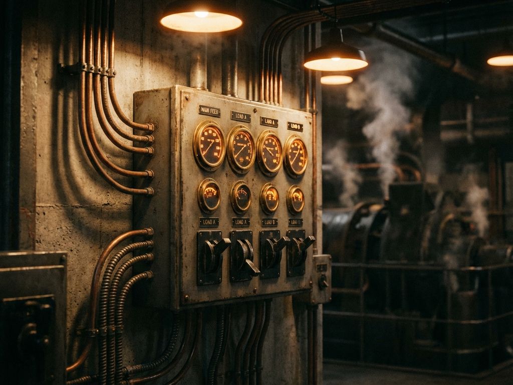 Industrielle Schalttafel mit beleuchteten Anzeigen und Kupferkabeln in einer Fabrikhalle mit Dampf im Hintergrund