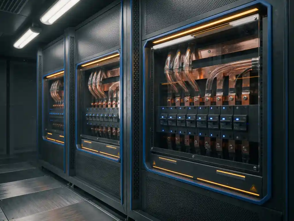 Industrielle Stromverteilereinheiten im Serverrack mit Kupferschienen, Schutzschaltern und blau leuchtenden Statusanzeigen.