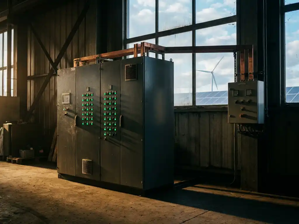 Industrieller Stromverteilungsschrank mit grünen Statusanzeigen und Kupferschienen, Windkraftanlage und Solarmodul im Hintergrundfenster.