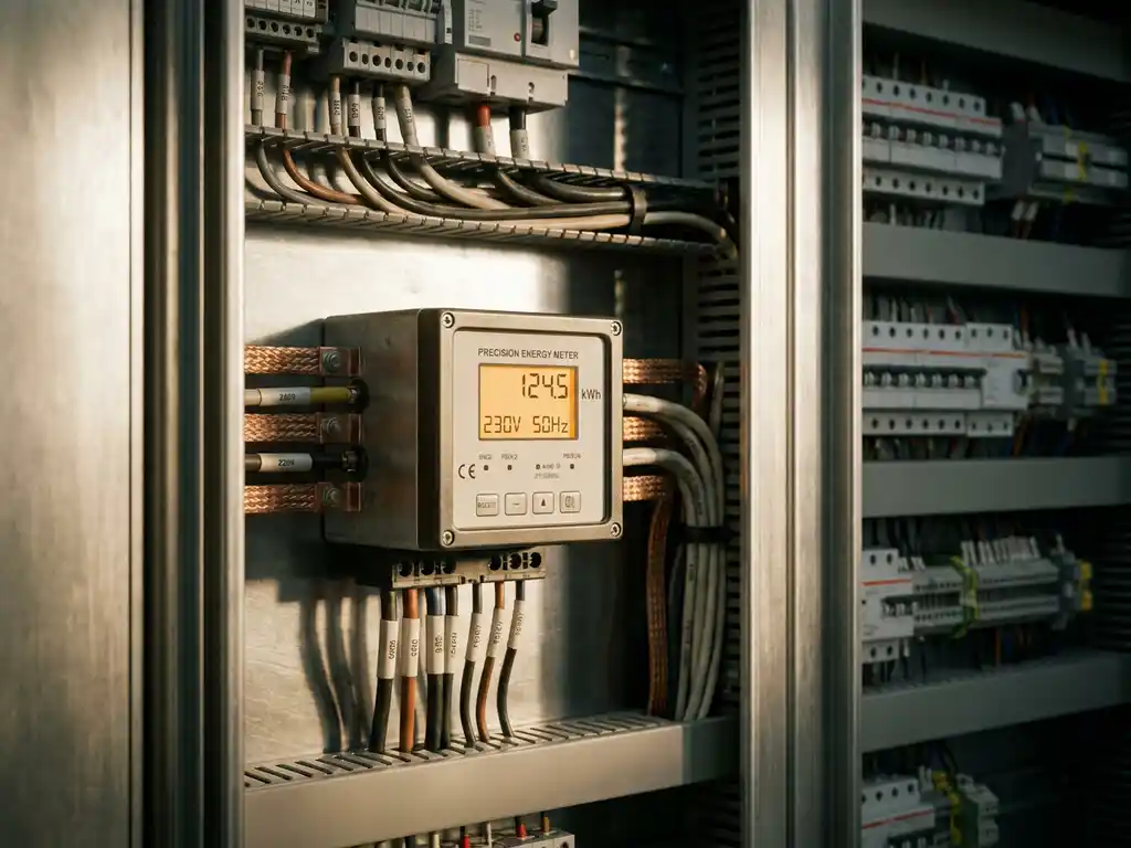 Industrieller Energiezähler mit leuchtendem Amber-Display in geöffnetem Schaltschrank, umgeben von Kupferschienen und strukturierten Kabeln.