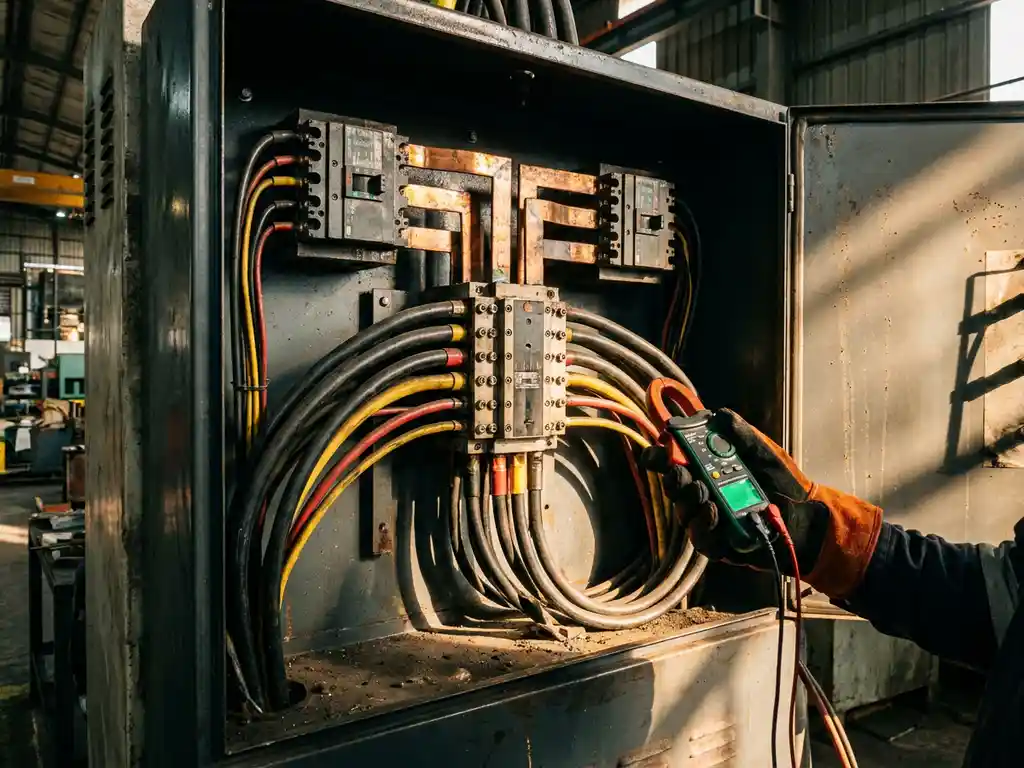 Geöffneter Industriestromverteiler mit Kupferschienen und Kabelbündeln, Techniker hält Zangenamperemeter in Schutzhandschuh.