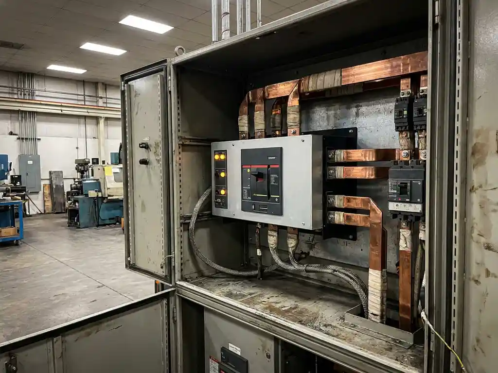 Industrieller Umschalter in geöffnetem Schaltschrank mit Kupferschienen, leuchtenden Amberanzeigen und unscharfem Fabrikhintergrund.