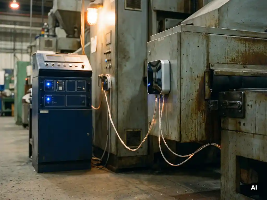 Veraltete Industriemaschine mit modernem Sensormodul und Datenkabeln in einer Fabrikhalle, beleuchtet von warmem Bernsteinlicht und blauen LED-Anzeigen.