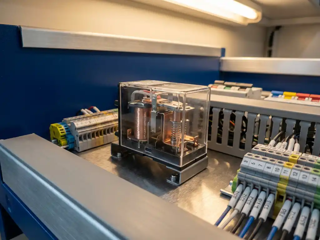 Industrielles Relais mit sichtbaren Kupferkontakten und elektromagnetischen Spulen auf Metallschaltpanel mit Sicherungsautomaten