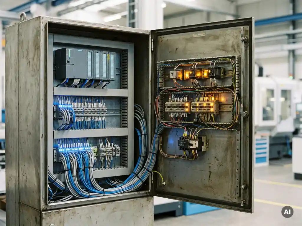 Geöffneter Industrieschaltschrank mit zwei parallelen Verdrahtungsarchitekturen, Siemens-SPSen und dichten Kabelbündeln in stahlgrauer und blauer Farbgebung.