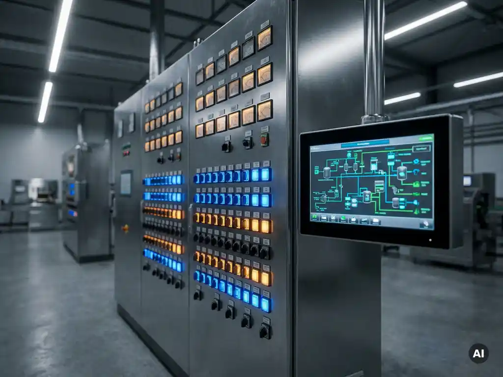 Industrielles Steuerungspanel mit Analoganzeigen und Touchscreen-HMI-Terminal, der ein Prozessflussdiagramm anzeigt, in einer Fabrikhalle.