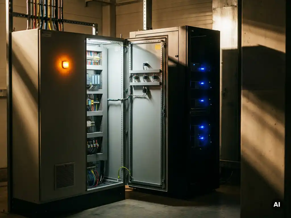 Industrieller Schaltschrank mit PLC-Modulen und strukturierter Verkabelung neben einem Serverrack in einer Umspannstation.