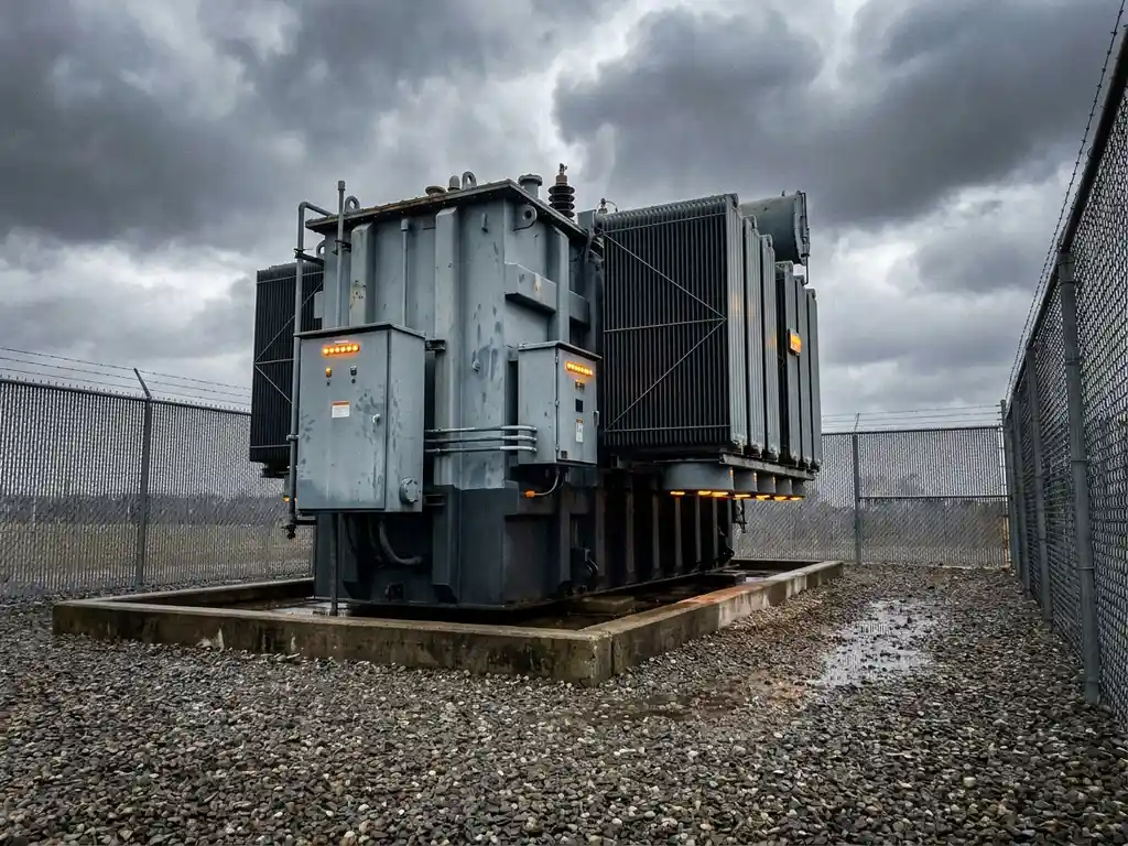 Industrietransformator auf Betonsockel mit Kiesumgebung und Schutzmetallzaun unter bedecktem Himmel.