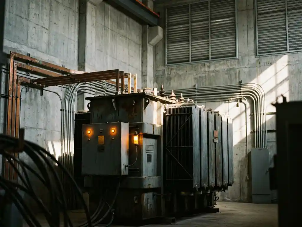 Industrietransformator in Betonraum mit Kupferschienenverbindungen, Kabelkanälen und Lüftungsgittern, beleuchtet von Kontrollleuchten.