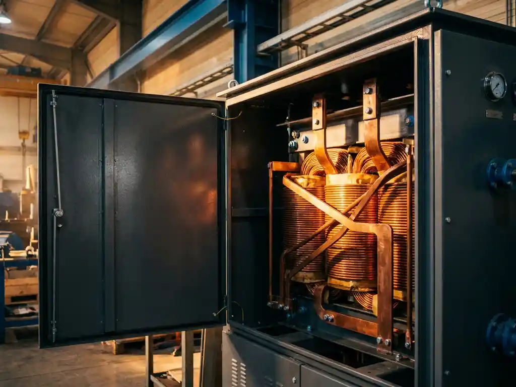 Industrietransformator mit sichtbaren Kupferwicklungen in geöffnetem Stahlschaltschrank, beleuchtet von warmem Werkstattlicht.