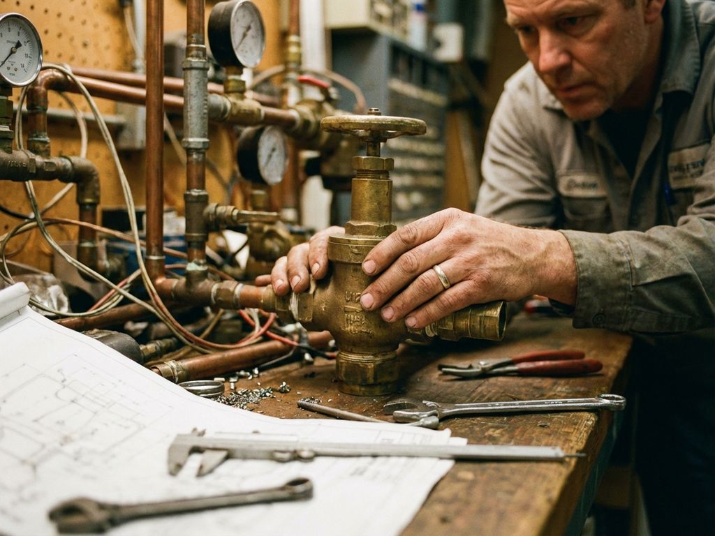 Ingenieur untersucht Metallrohrleitungen und Ventile auf technischem Arbeitstisch mit Bauplänen und Messinstrumenten