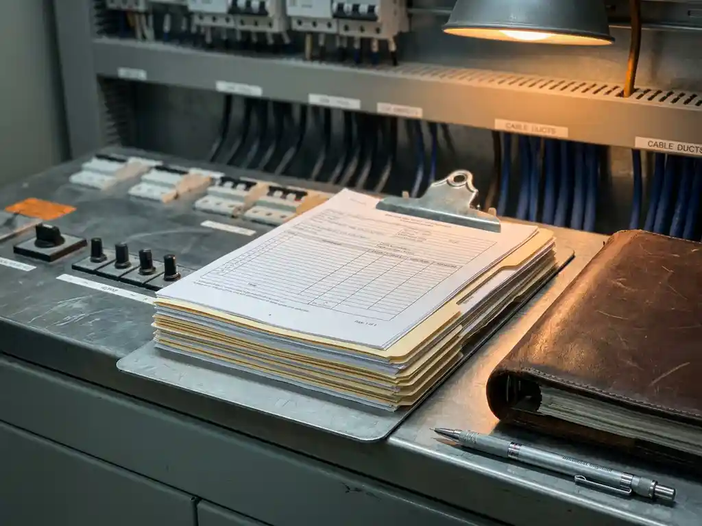 Inspektionsdokumente auf Klemmbrett vor Schaltschrank mit Sicherungen, Ledernotizbuch und Stift im Hintergrund.