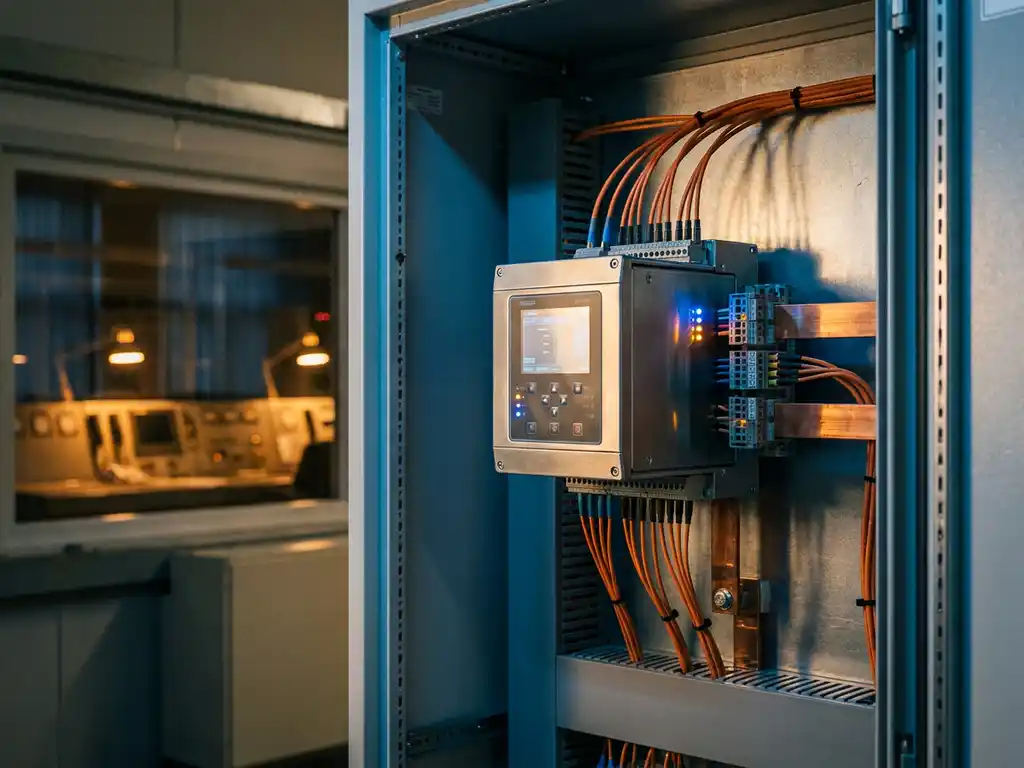 Intelligentes Schutzrelais in geöffnetem Schaltschrank mit Glasfaserkabeln und Kupferschienen, Umspannwerk-Leitwarte im Hintergrund.