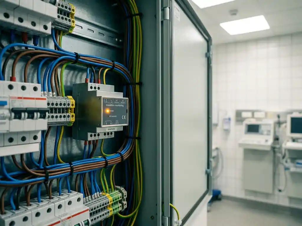 Isolationsüberwachungsgerät in geöffnetem Elektroverteilerschrank eines Krankenhauses mit Kabeln, Leitungsschutzschaltern und Kontrollleuchte.