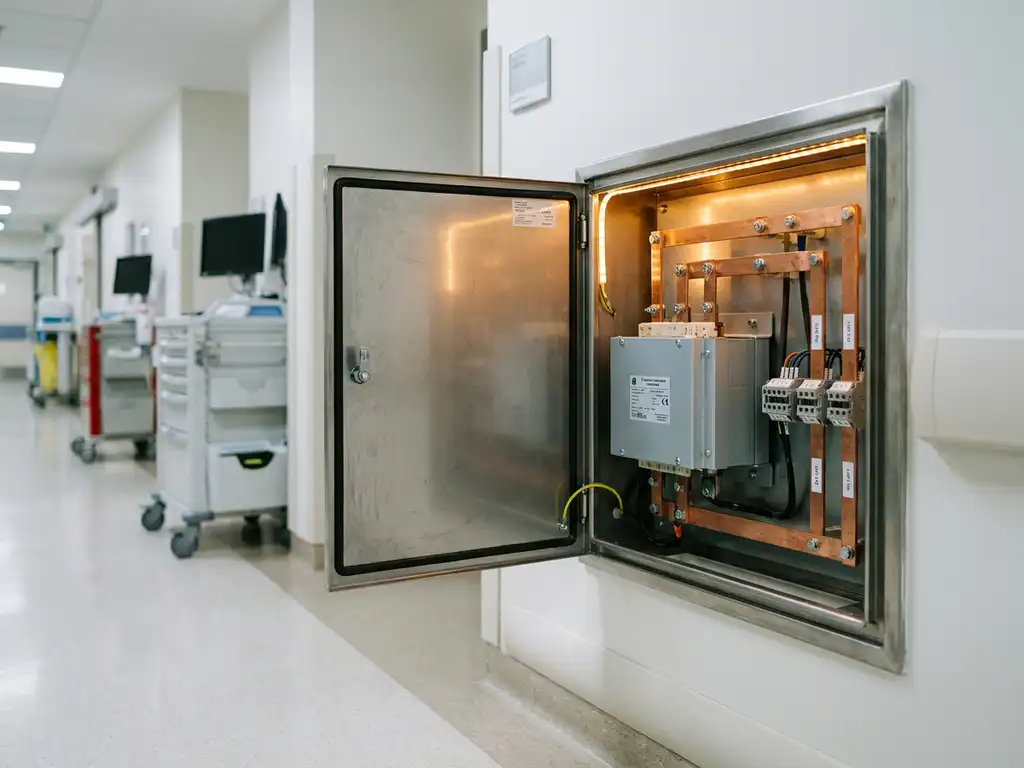 IT-Isolationstransformator in geöffnetem Schaltschrank mit Kupferschienen und Klemmenblöcken, installiert in einem Krankenhausflur.