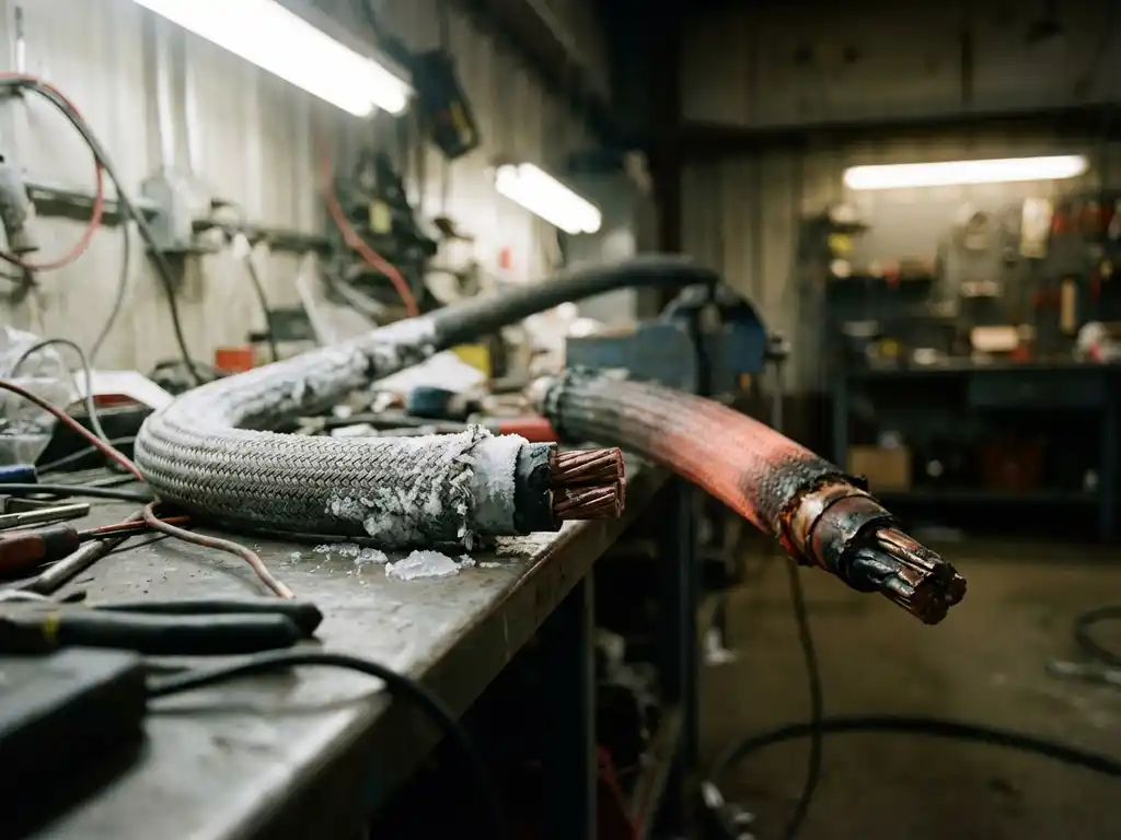 Industriekabel mit sichtbaren Kupferleitern unter Temperaturbelastung, Reifkristalle und Hitzeentfärbung auf Werkbank