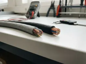 Zwei Elektrokabel mit grauer und schwarzer Ummantelung auf weißer Werkbank, freiliegende Kupferleiter an den Enden sichtbar