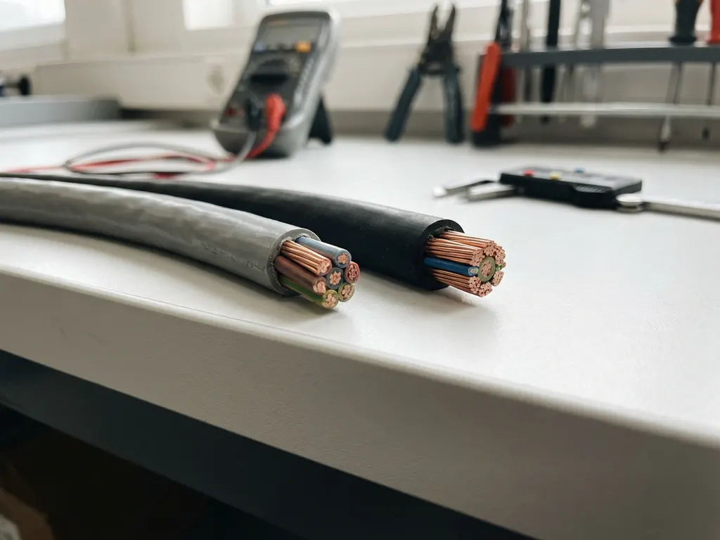 Zwei Elektrokabel mit grauer und schwarzer Ummantelung auf weißer Werkbank, freiliegende Kupferleiter an den Enden sichtbar