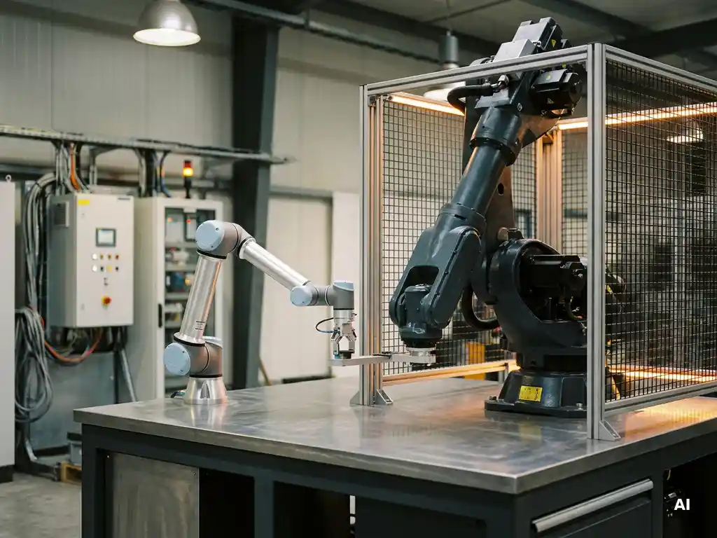 Kollaborativer Leichtbauroboter neben Industrieroboter mit Schutzgehäuse auf gemeinsamem Fabrikboden mit Steuerschränken im Hintergrund.