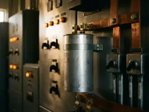 Industrieller Kondensator mit Metallanschlüssen auf Schaltpult mit Kupferschienen und Schaltern in professioneller Elektroinstallation