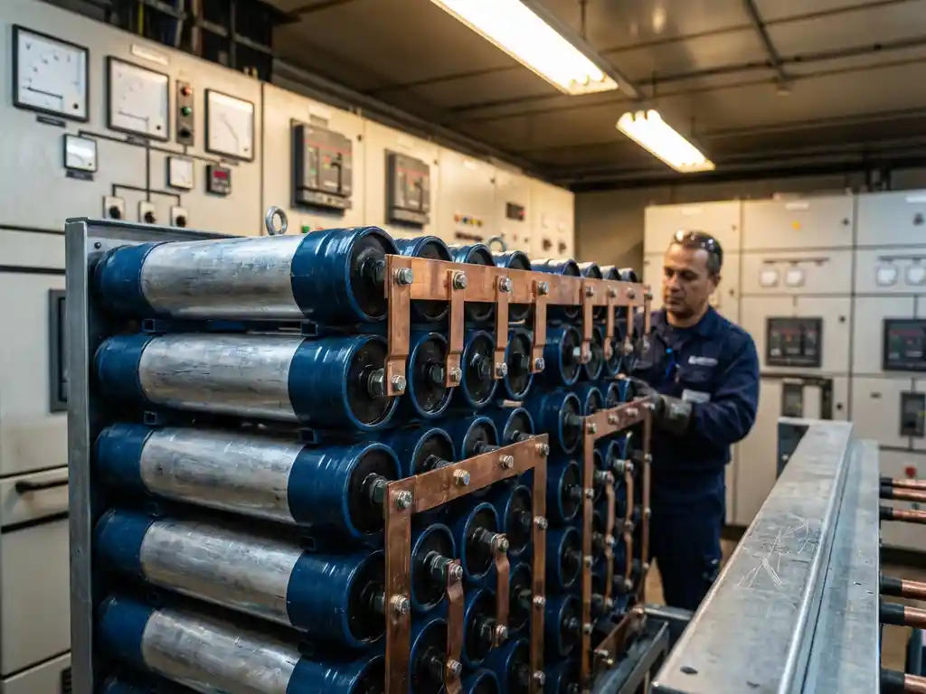 Industrielle Kondensatorbank mit metallischen Zylindern in Reihen, Kupferschienen und Schaltanlagen im Hintergrund
