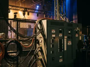 Elektrischer Verteilerkasten mit Sicherungen und Hochspannungsmarkierungen backstage in einem Konzerthaus, warmes Bühnenlicht im Hintergrund.