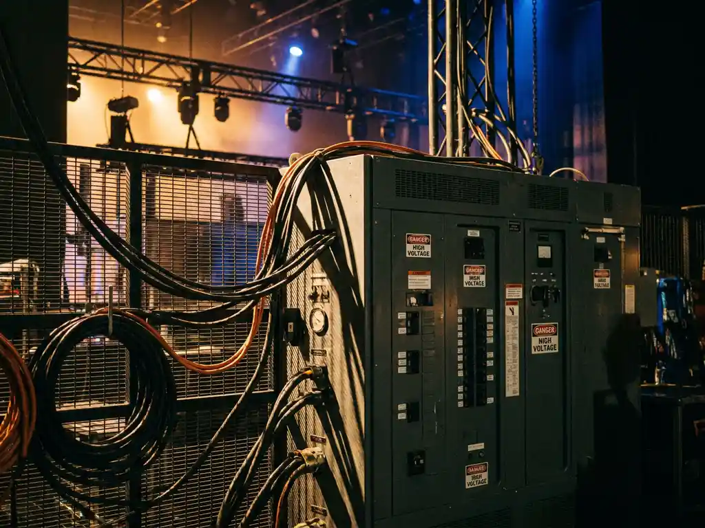 Elektrischer Verteilerkasten mit Sicherungen und Hochspannungsmarkierungen backstage in einem Konzerthaus, warmes Bühnenlicht im Hintergrund.