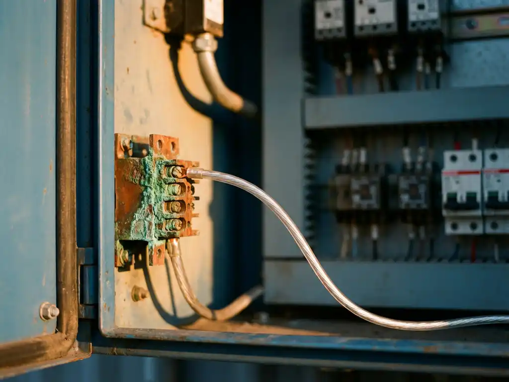 Korrodierter Kupfer-Elektroanschluss mit grüner Patina verbunden mit blankem Silberdraht in geöffnetem Industrieschaltschrank