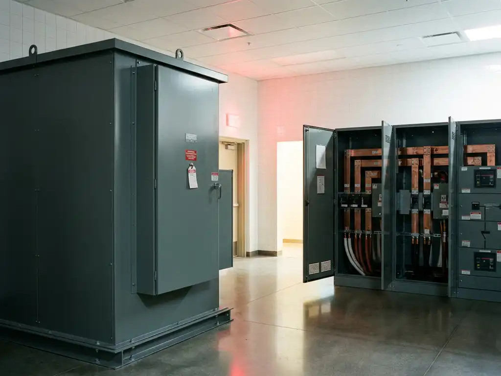 Industrieller Transformator in einem Krankenhausversorgungsraum mit Kupferschienen, grauen Stahlgehäusen und rotem Notlicht.