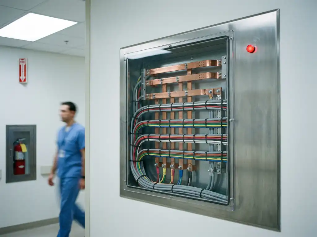 Elektrischer Krankenhausverteiler mit Kupferschienen und strukturiertem Kabelmanagement, roter Notstromanzeige an weißer Klinikwand.