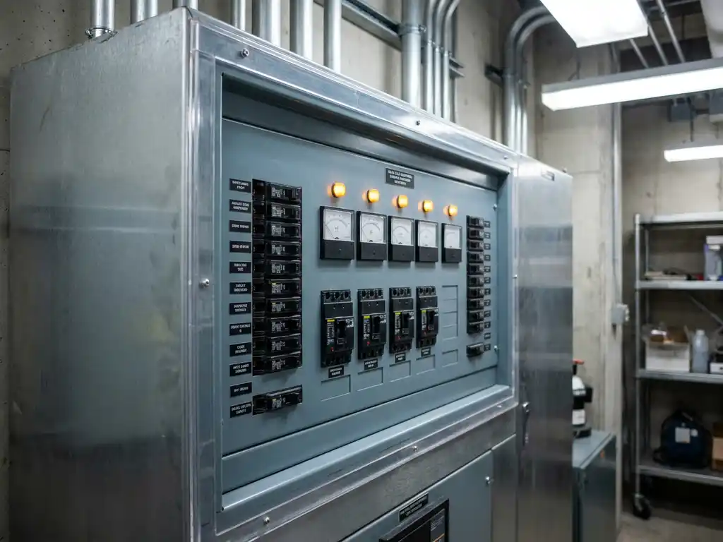 Elektrischer Verteilerkasten eines Krankenhauses mit Sicherungsautomaten und Lastmessgeräten, bernsteinfarbene Kontrollleuchten auf Stahlblau.