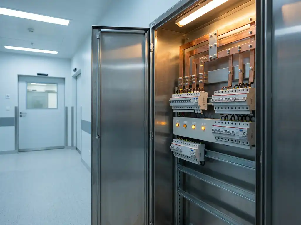 Elektrischer Verteilerkasten mit Kupferschienen und Schutzschaltern im Krankenhausflur vor einem Operationssaal.