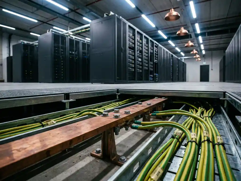Kupfer-Erdungssammelschiene an Doppelbodenplatte im Rechenzentrum, grün-gelbe Erdungskabel in Kabeltrassen, Serverreihen im Hintergrund.