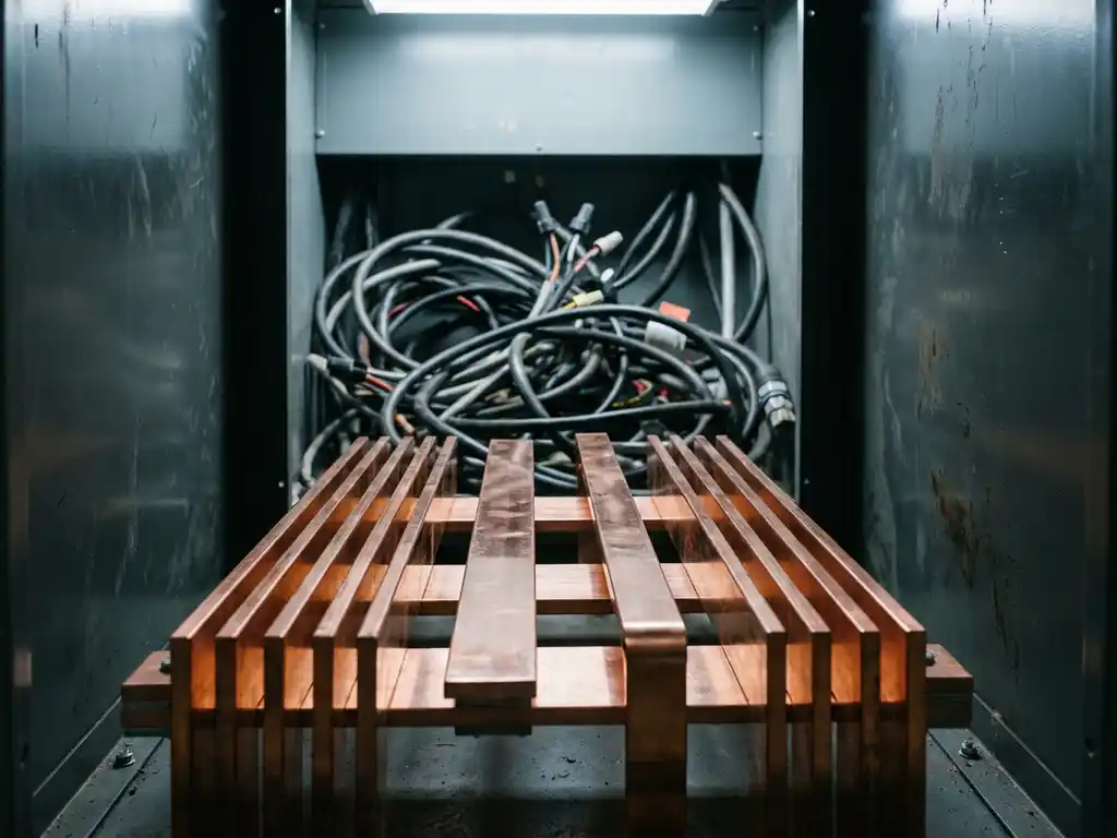 Kupfer-Sammelschienensystem in geöffnetem Schaltschrank, parallele Leiter kontrastieren mit ungeordneten Kabeln im Hintergrund.