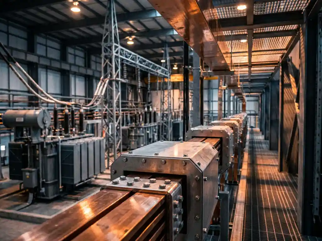 Kupfer-Sammelschienensystem verläuft horizontal durch eine Industriehalle, silberne Gehäuse mit Schraubverbindungen im dramatischen Licht.