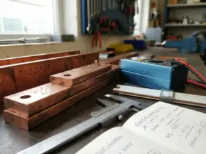 Kupferschienen mit Amperezahlen und Präzisionsmessgeräten auf industrieller Werkbank, warme Kupfertöne gegen kühle Stahlinstrumente