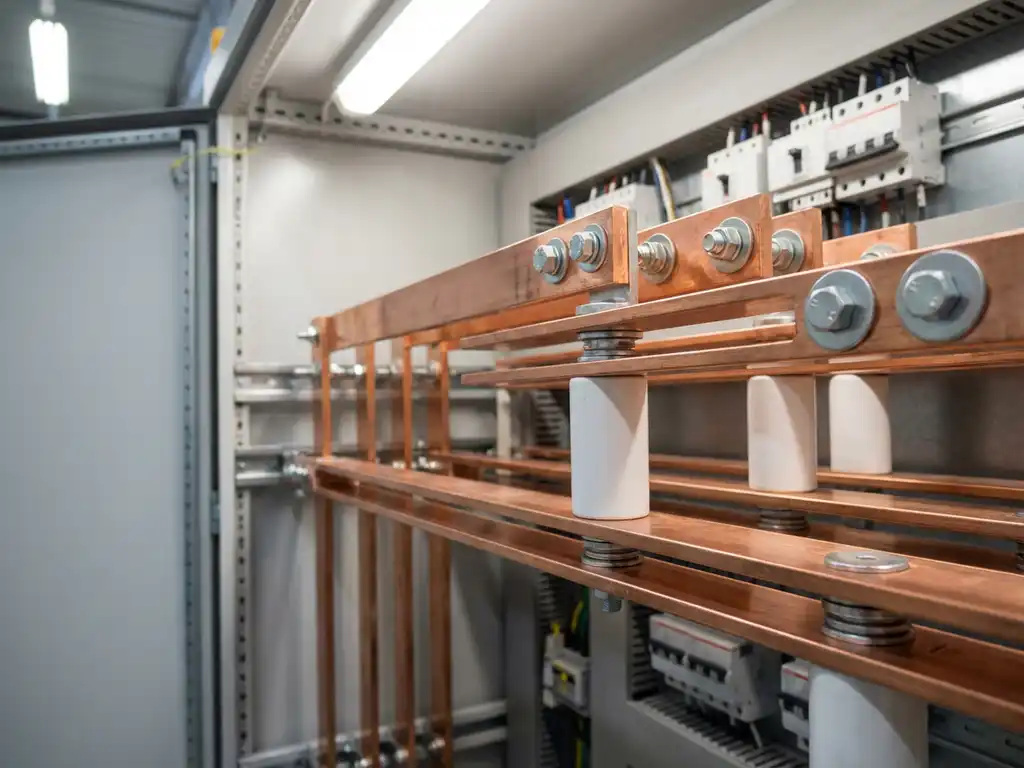 Kupfer-Sammelschienensystem mit parallelen Leitern auf weißen Keramikisolatoren in elektrischem Verteilerschrank