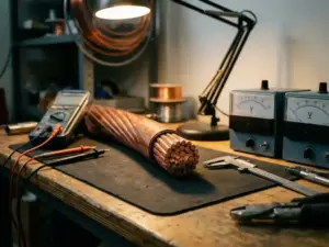 Dickes Kupferkabel mit freiliegendem Querschnitt und glänzenden Kupferlitzen auf Elektrotechnik-Werkbank neben Präzisionsmessgeräten