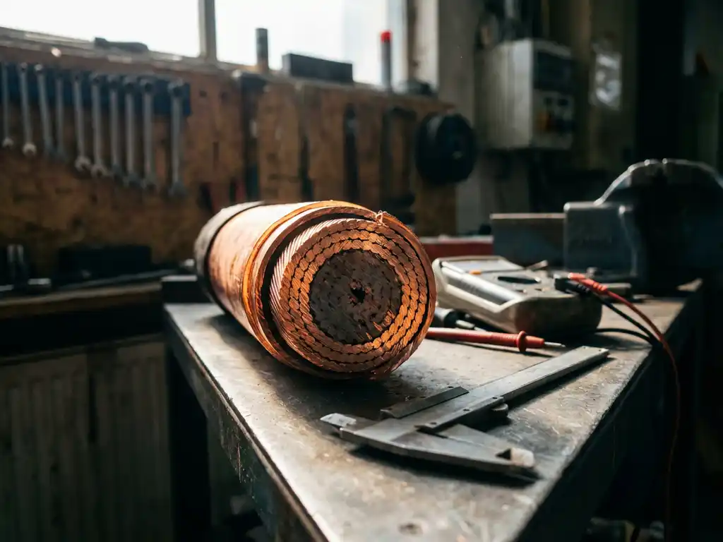 Kupferkabel-Querschnitt zeigt geflochtene Kernstruktur mit Stromverteilung an der Oberfläche in Industriewerkstatt