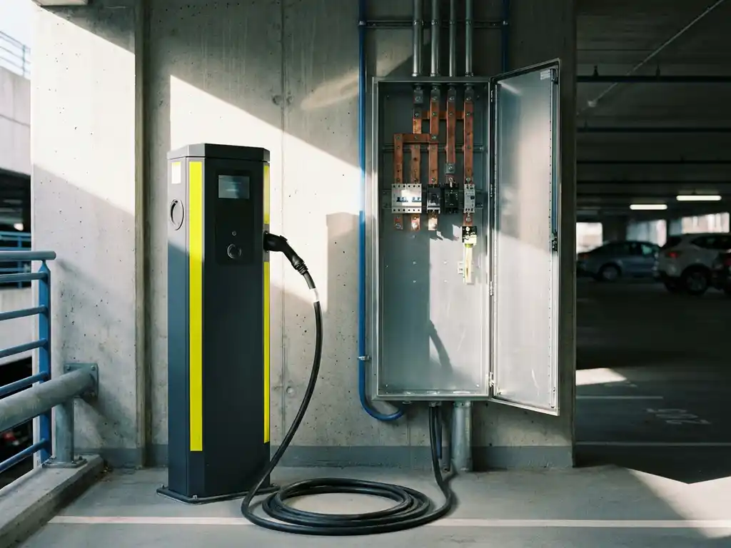 Industrielle EV-Ladestation mit schwerem Kabel neben Stromverteilerkasten mit Kupferschienen in moderner Tiefgarage.