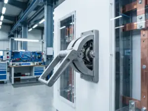 Grauer Metallschalter in offener Position an weißer Schalttafel mit sichtbaren Kupferschienen in Industriewerkstatt