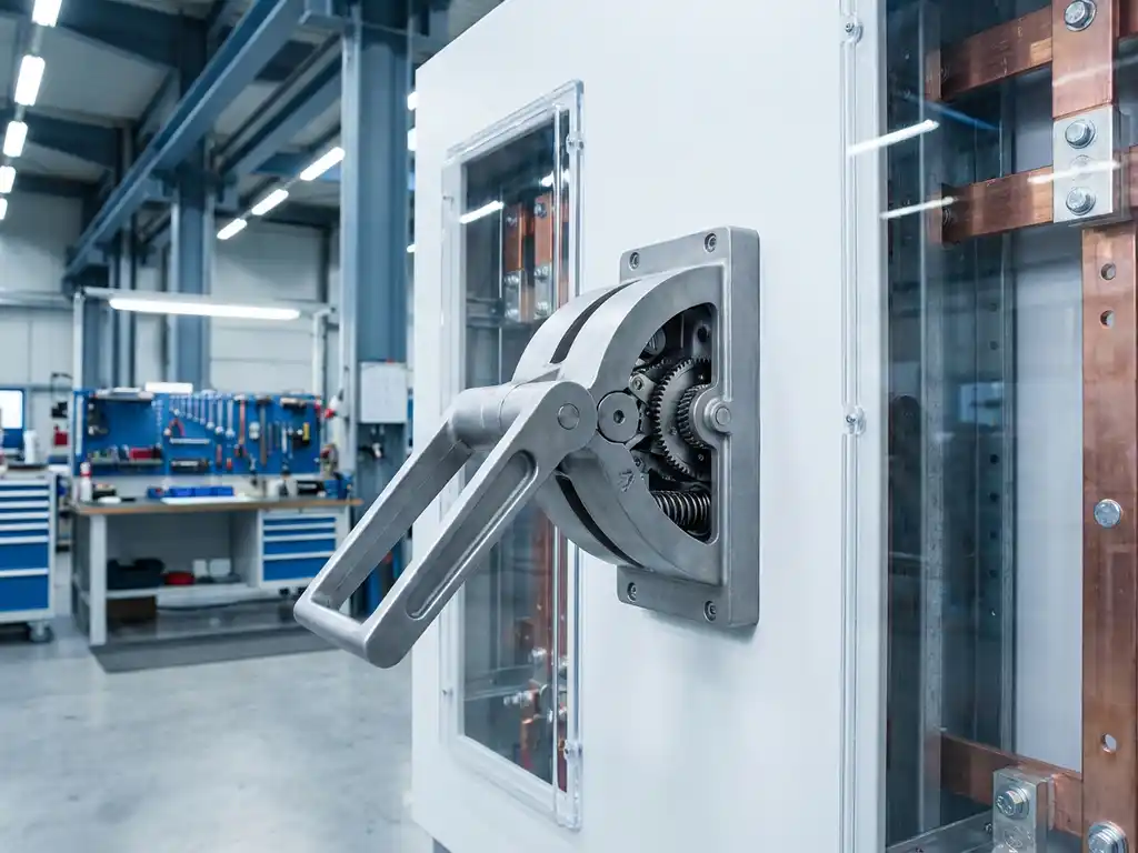 Grauer Metallschalter in offener Position an weißer Schalttafel mit sichtbaren Kupferschienen in Industriewerkstatt